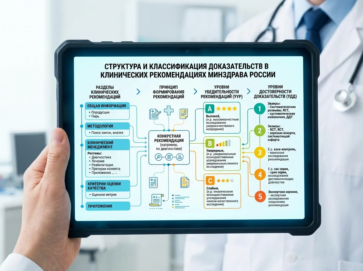 схема структуры клинических рекомендаций Минздрава России с уровнями доказательности на медицинском планшете